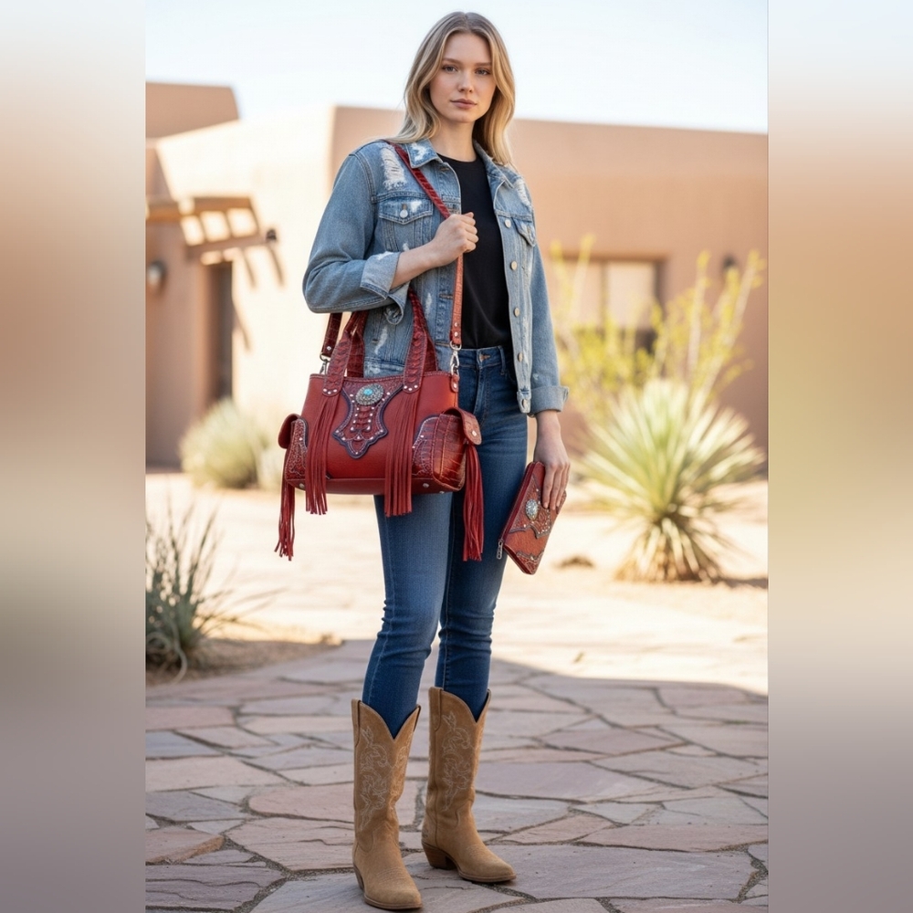 Cowgirl Trendy PU Leather Fringe Western Satchel Bag in Burnt Red With Wallet